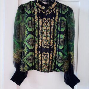 Alice + Olivia Baroque Print Silk Lace Blouse Green Black Size L NWT